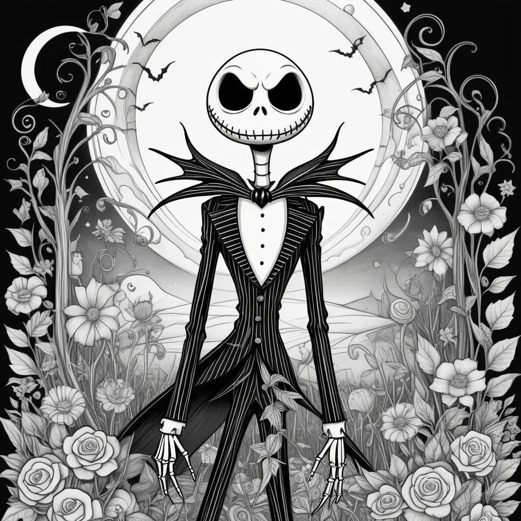 Jack Skellington coloring pages featuring a skeleton in a black and white illustration