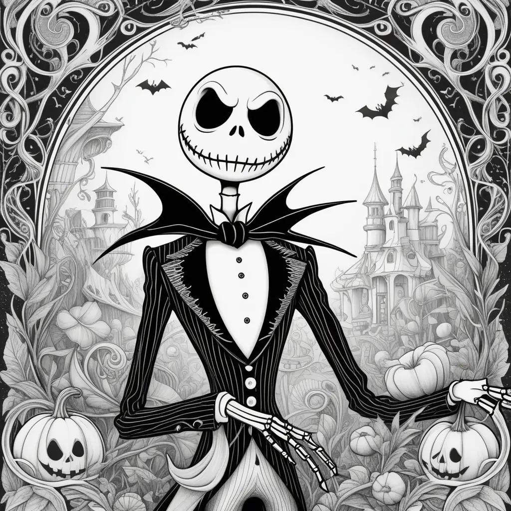 Jack Skellington coloring pages with bats and pumpkins