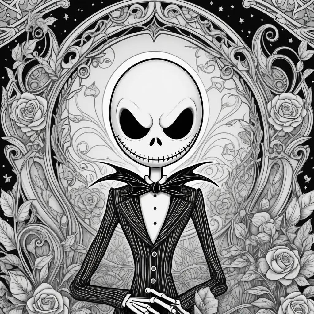 Jack Skellington coloring pages with roses and skulls