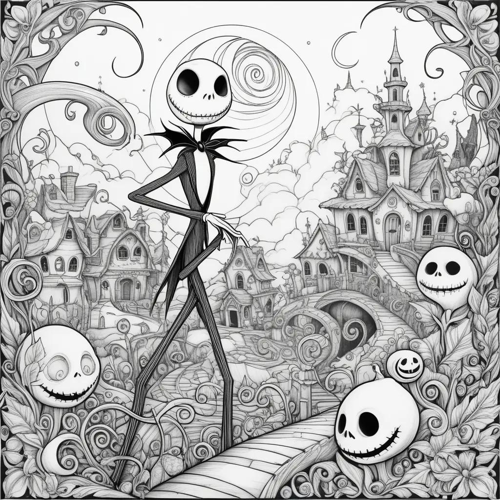 Jack Skellington coloring pages with skulls and pumpkins