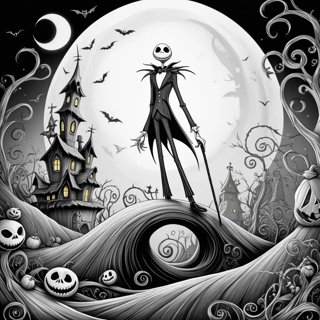 Jack Skellington in a scary black and white coloring page