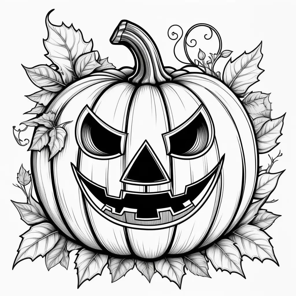 Jack-o-lantern coloring page with leaves and stem