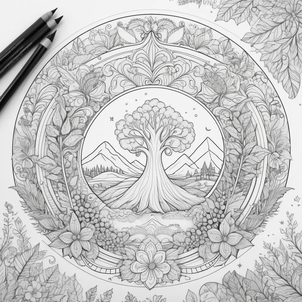 January coloring pages with a tree and flowers