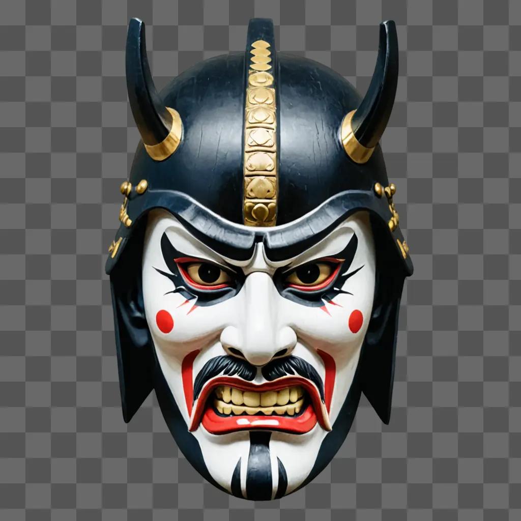 Japanese Samurai Mask with horns and red mouth