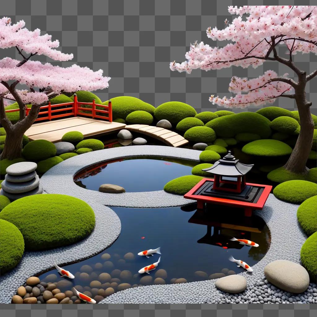 Japanese garden with red bridge and cherry blossoms