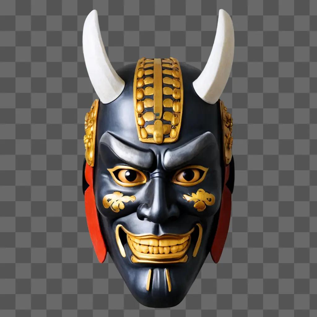 Japanese samurai mask with horns and red eyes