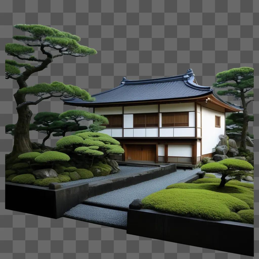 Japanese style house in a garden with trees and moss