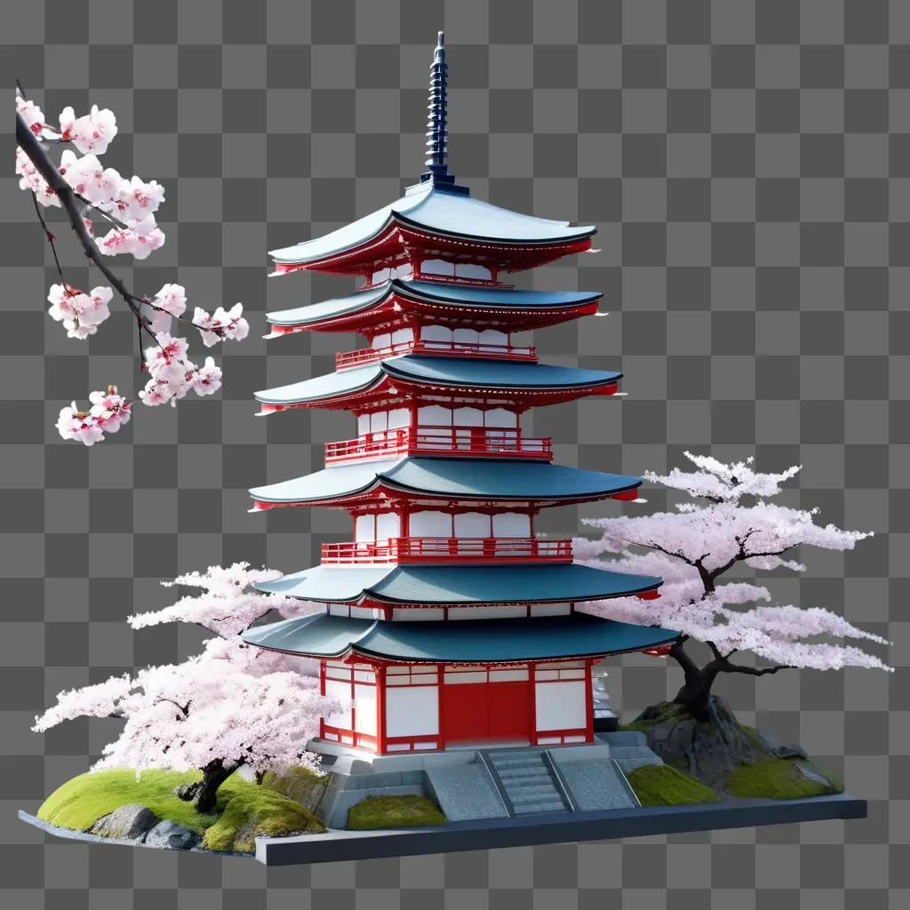 Japanese temple is shown with cherry blossoms