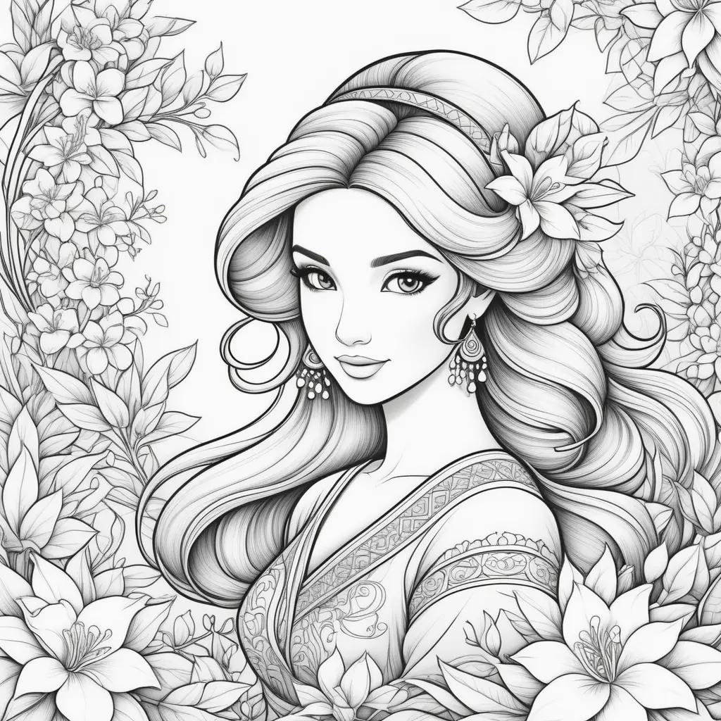 Jasmine Coloring Pages for Adults with Black and White Art