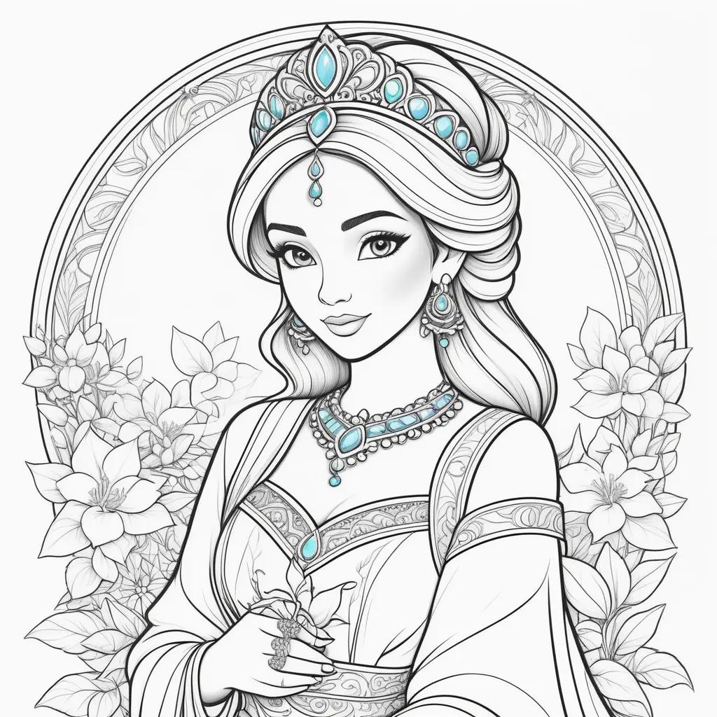 Jasmine coloring pages featuring a princess with a crown and a tiara