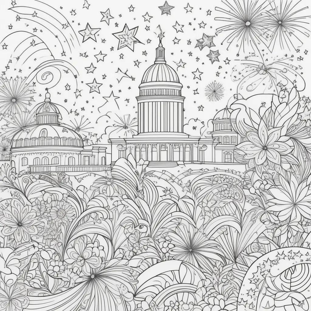 Jazzy July 4th coloring pages with fireworks and buildings