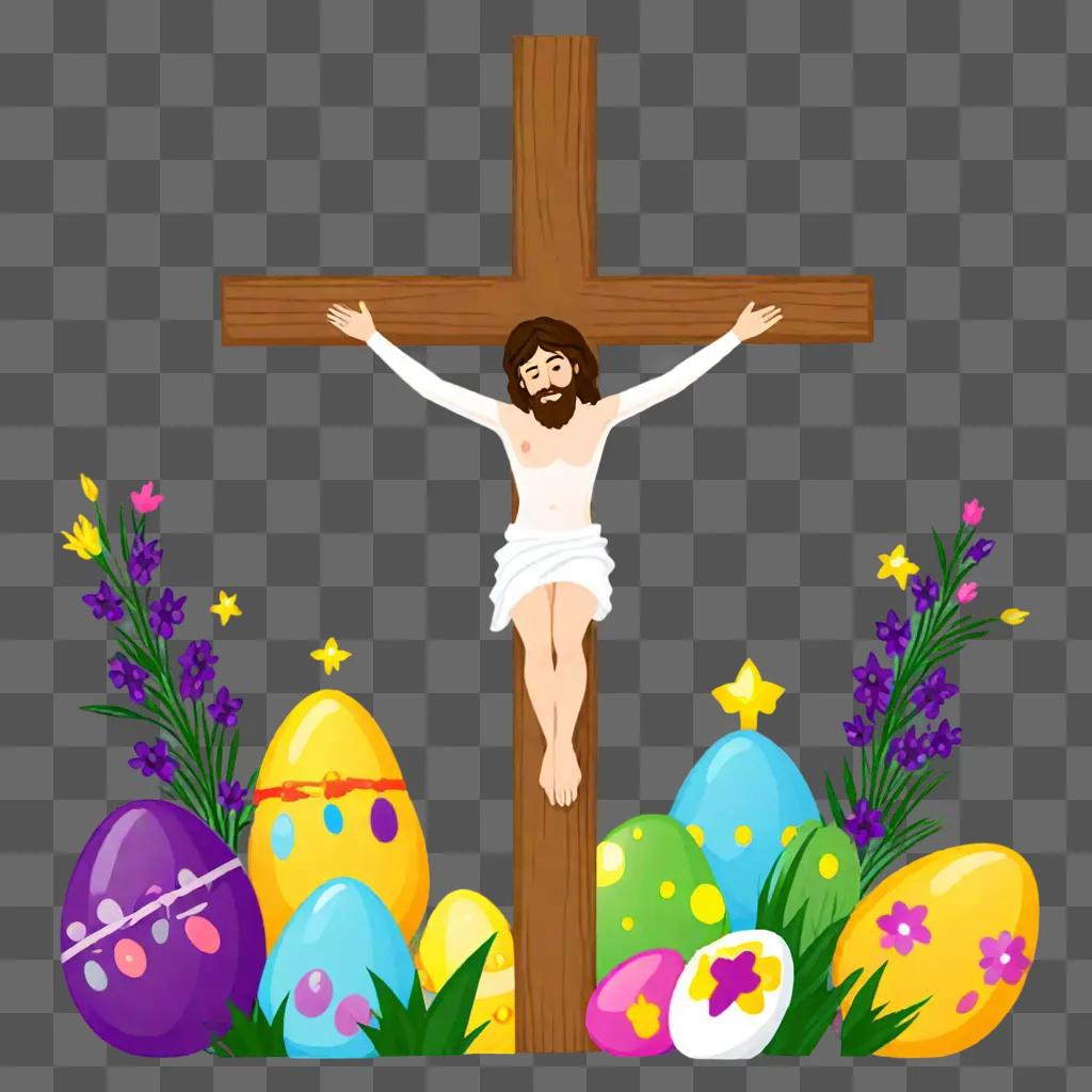 Jesus on the cross with Easter eggs and flowers