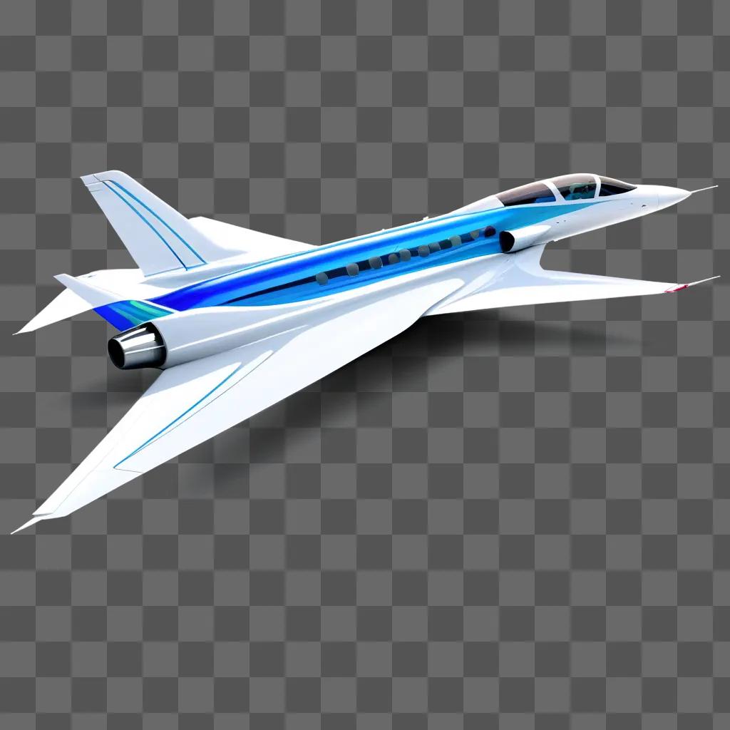 Jet with transparent blue and white color scheme flying in the sky