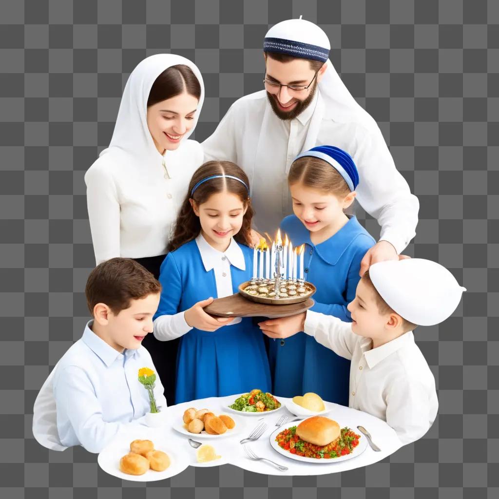 Jewish family lights candles on a cake