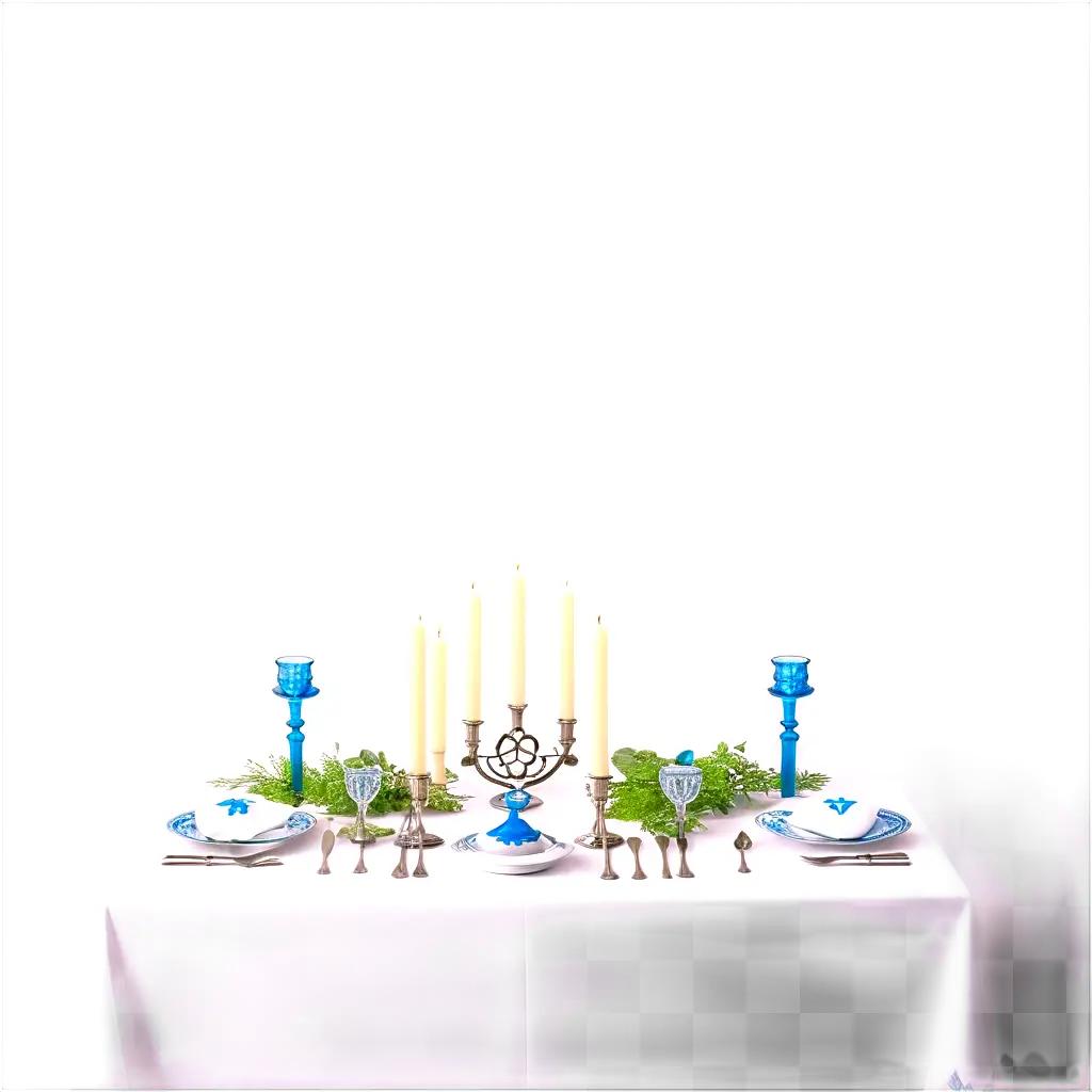 Jewish feast with candles, silverware, and fruits on white tablecloth