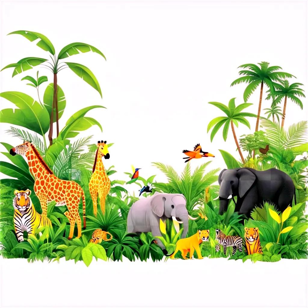 Jungle animals, elephants, giraffes, and tigers in the wild