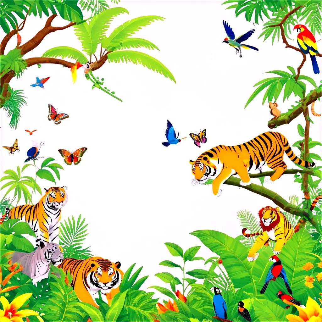 Jungle animals in tropical rainforest setting