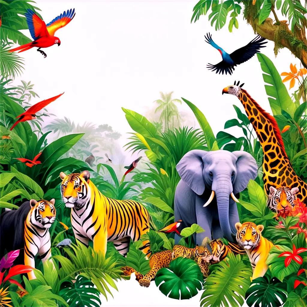 Jungle animals roam through lush green foliage