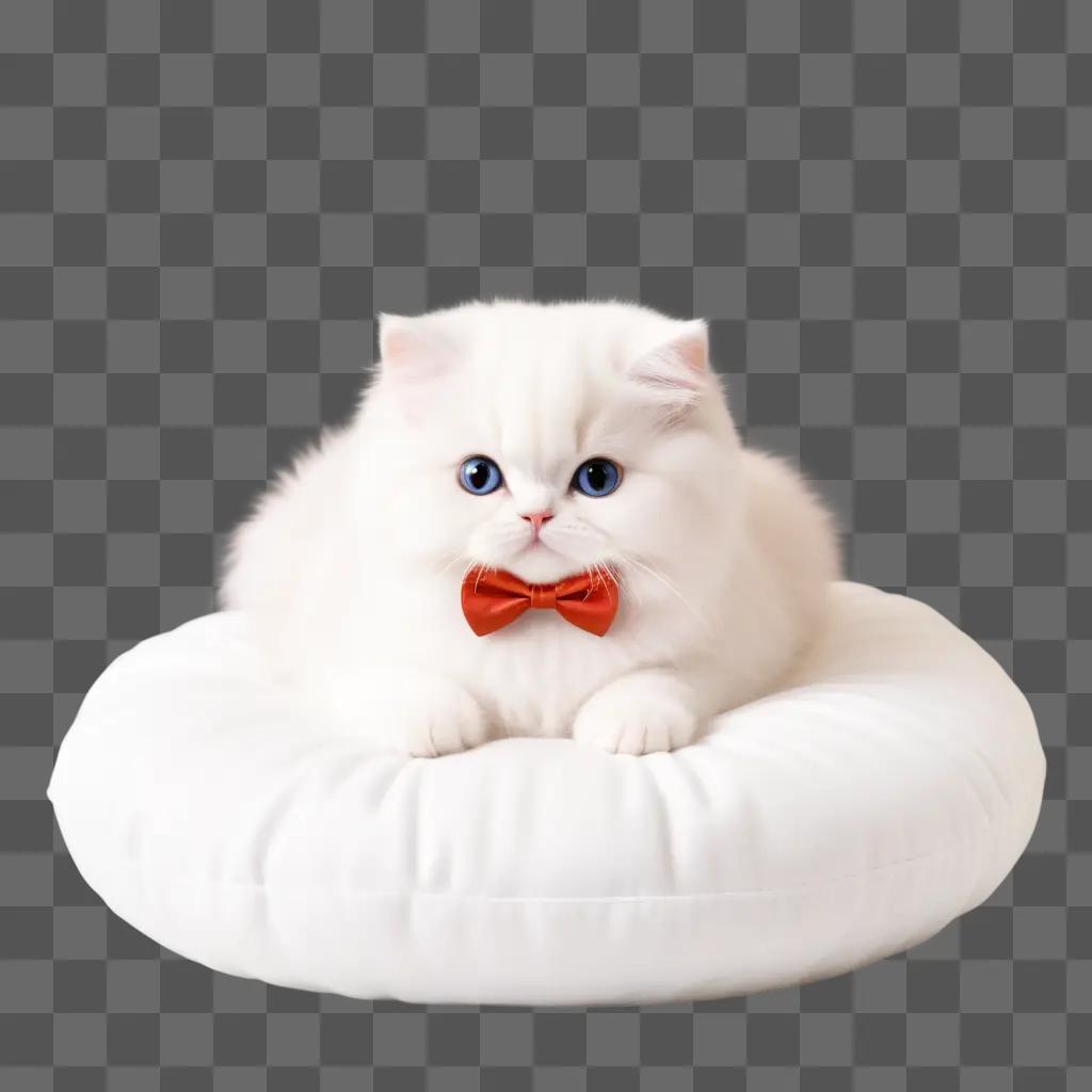 Kawaii cat with bow sits on white cushion