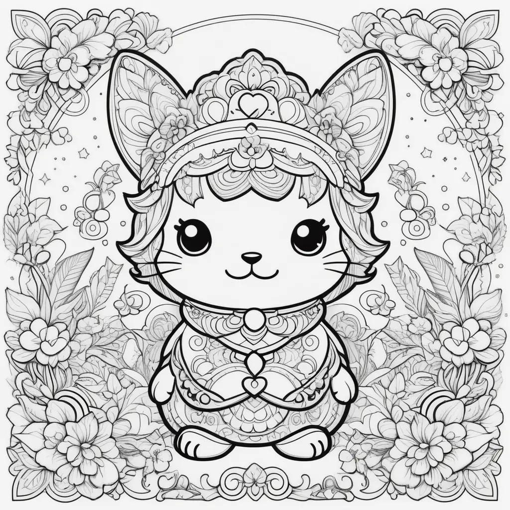 Kawaii coloring page featuring a cute cat with a crown