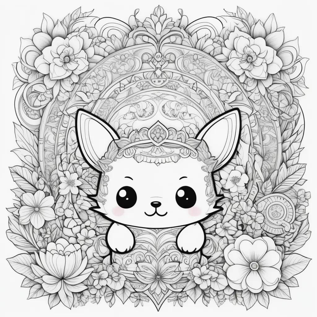 Kawaii coloring page with cute cat and flowers