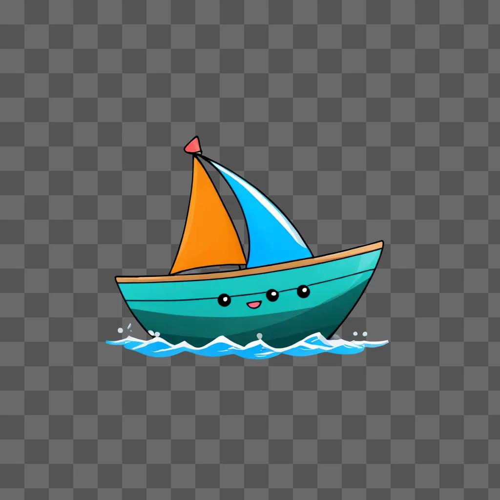 青い帆と笑顔のカワイイかわいいボートの絵