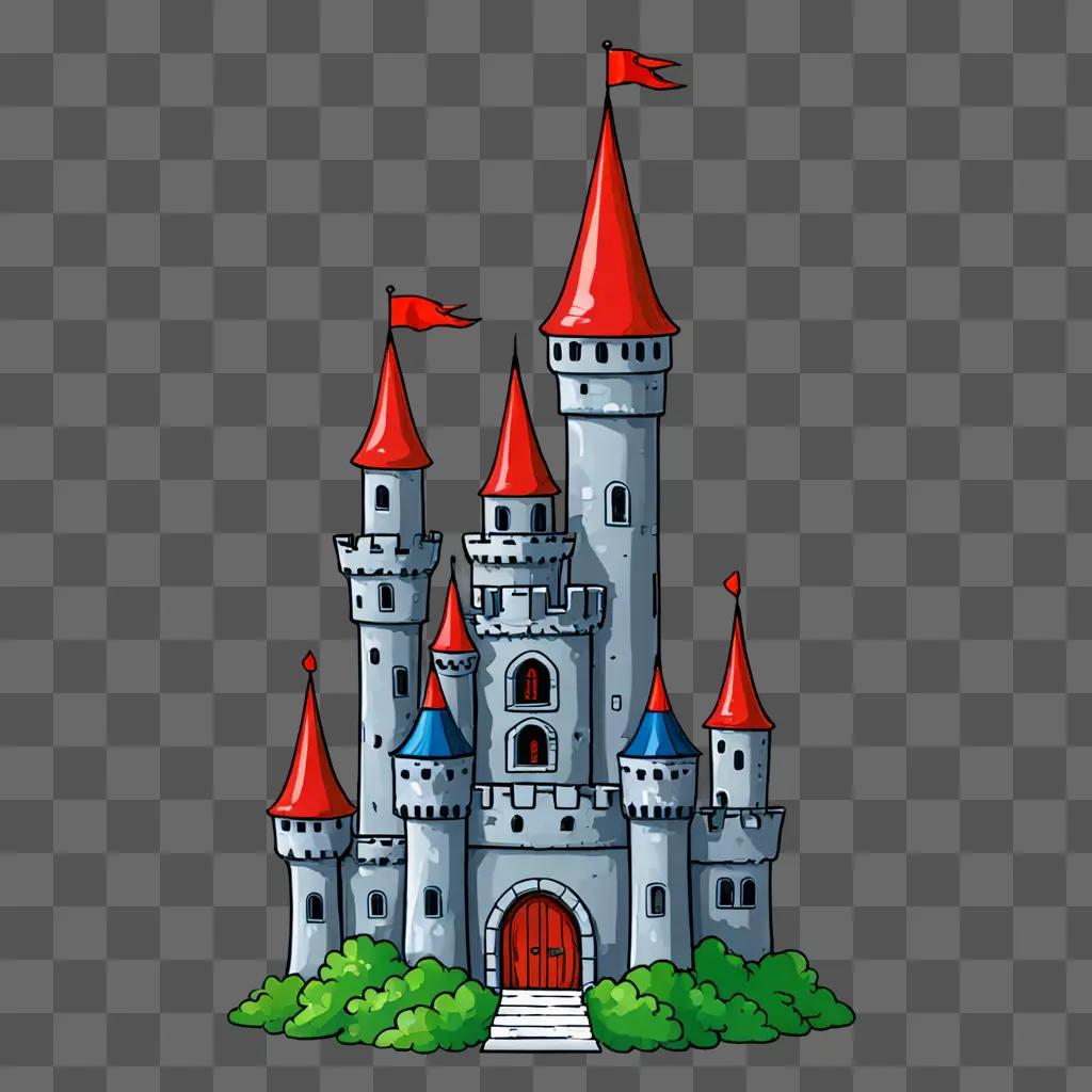 Kawaii cute castle drawing in a red and blue color scheme