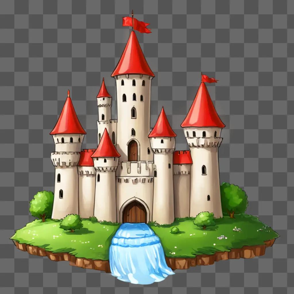 Kawaii cute castle drawing with a river flowing in front of it