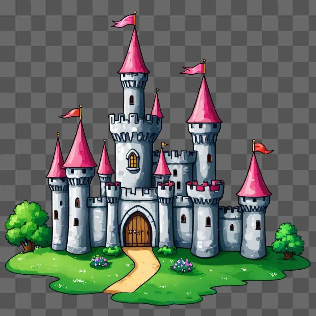 Kawaii cute castle drawing with pink flags