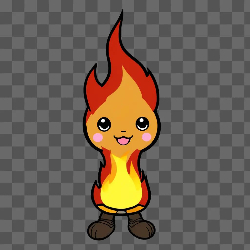 Kawaii cute fire drawing on a brown background