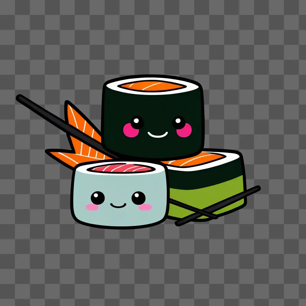 Kawaii cute sushi drawing on a dark background