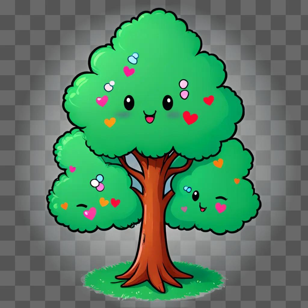 Kawaii cute tree drawing with hearts and smiling faces