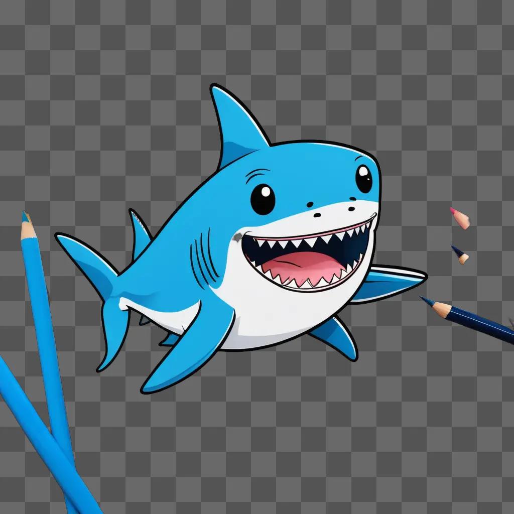 Kawaii shark drawing with smiling face and pencils