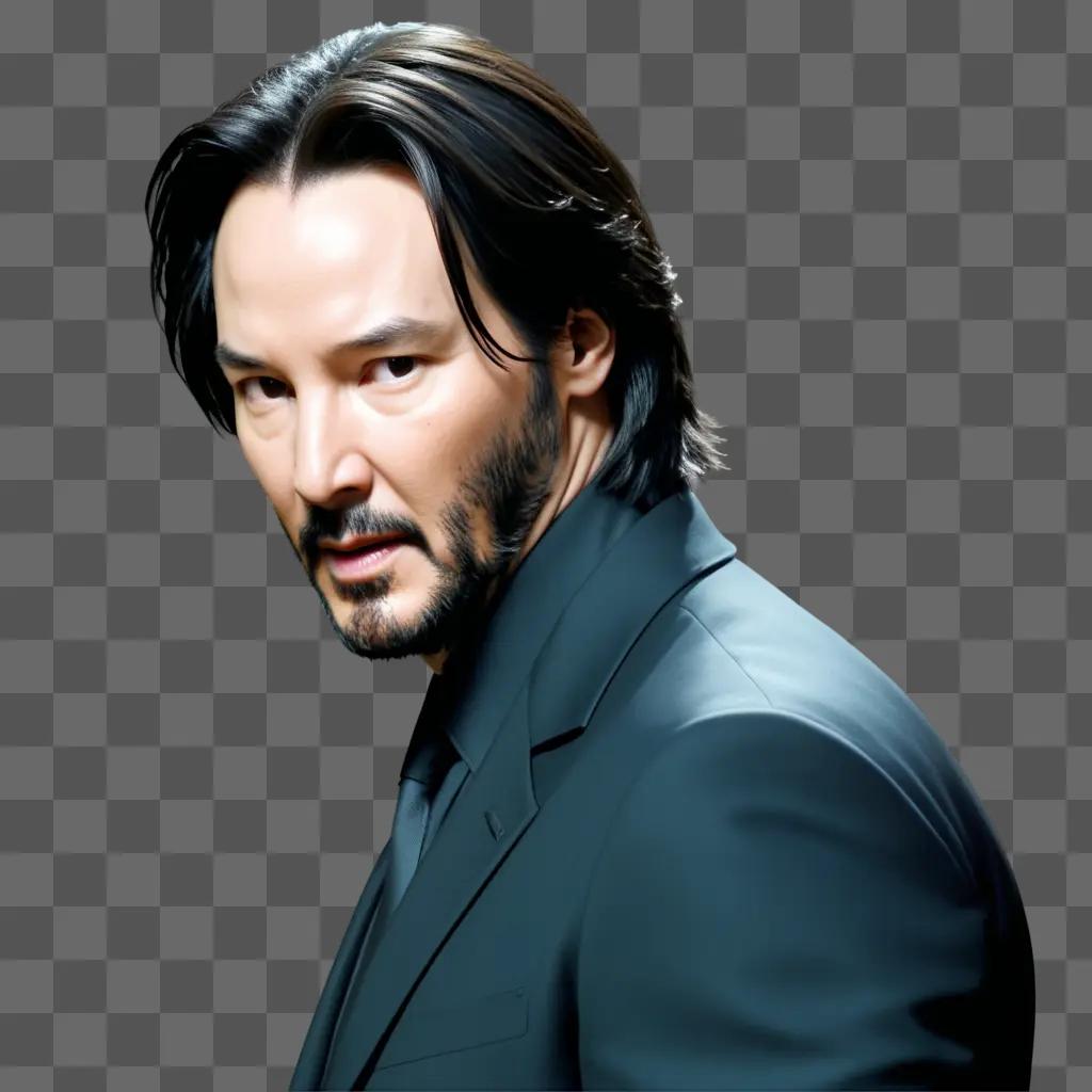 Keanu Reeves, in a black suit, looking serious