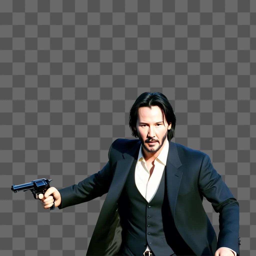 Keanu Reeves holding a gun in a black suit