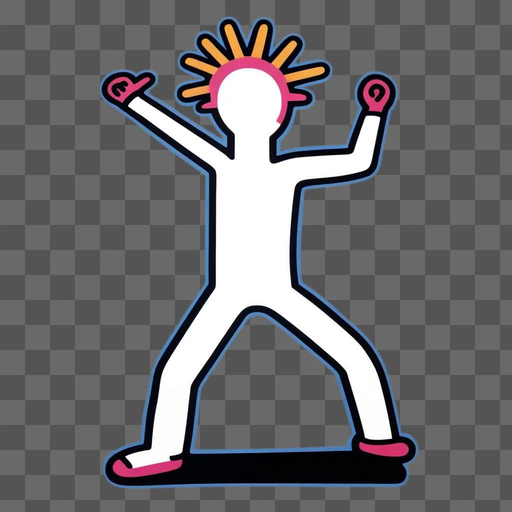 Keith Haring, neon figure with spiky hair, on a skateboard