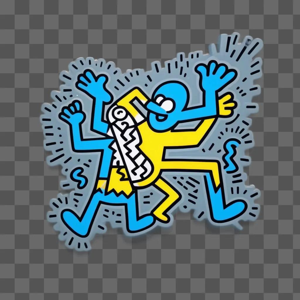 Keith Haring cartoon depicts a blue figure with yellow arms and legs