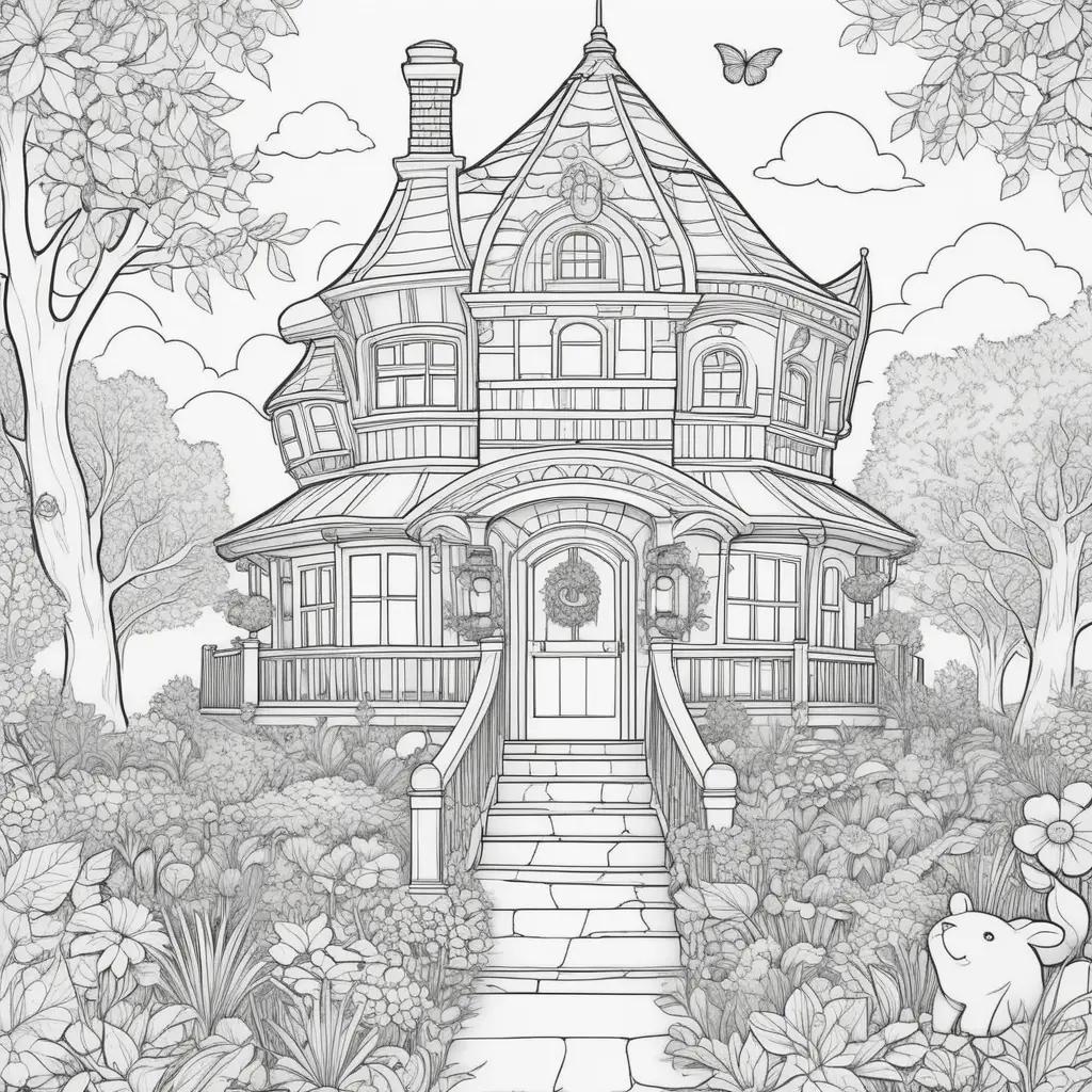 Kid-friendly coloring pages for kindergarten with a house in a garden