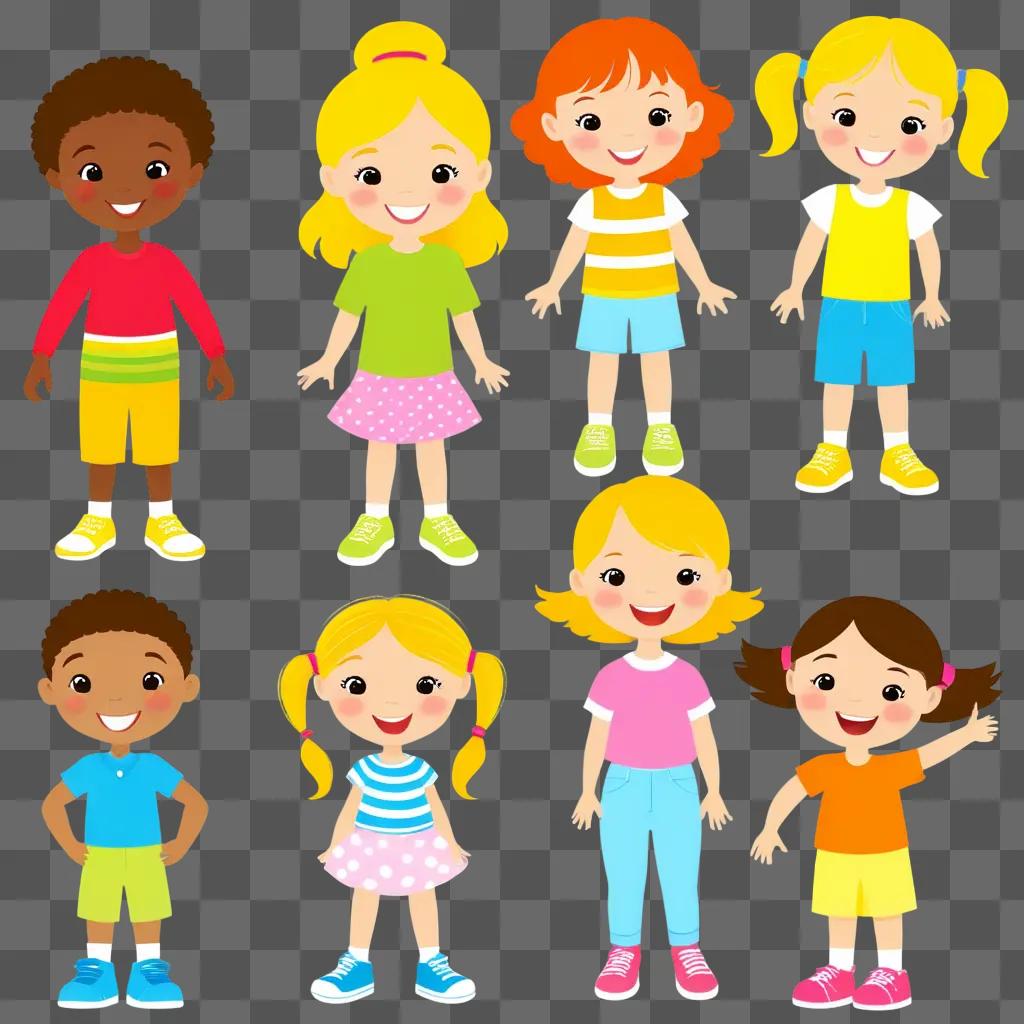 Kids in colorful clipart pose and smile