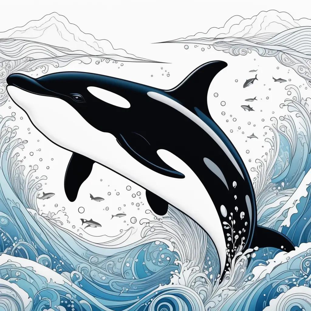 Killer Whale Coloring Page: A Colorful Cartoon with Fish and Mountains