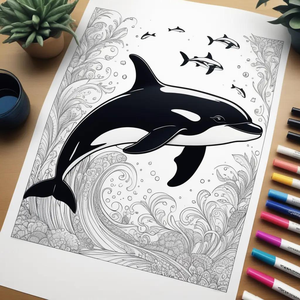 Killer Whale Coloring Page with 8 pens and markers