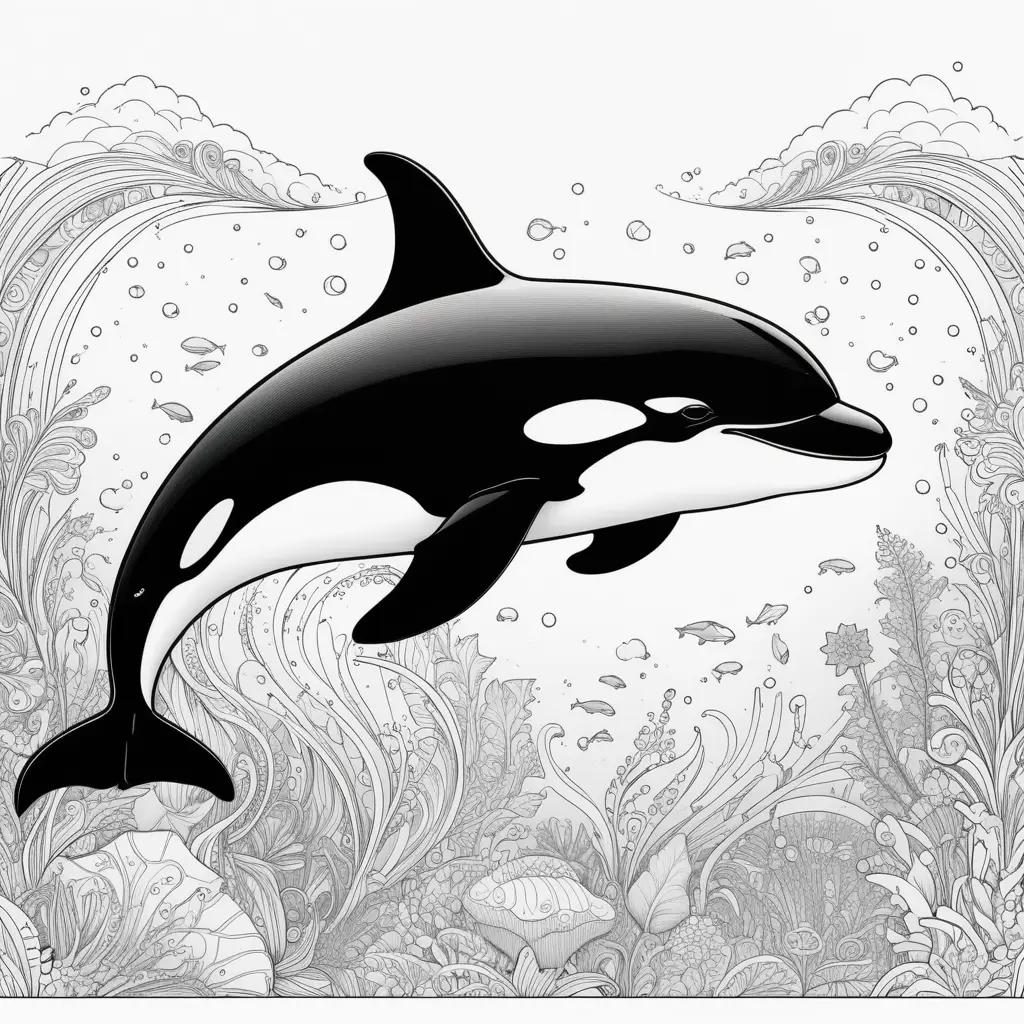 Killer Whale Coloring Page with bubbles and fish