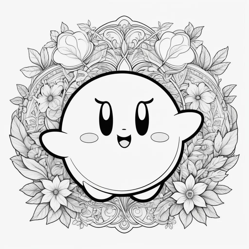 Kirby coloring page with a smiling face and flowers