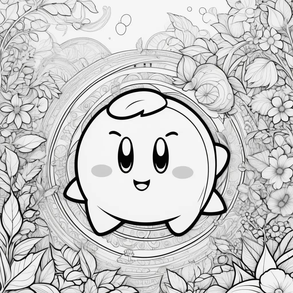 Kirby coloring page with flowers and leaves