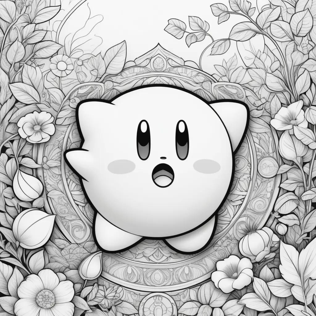 Kirby coloring page with flowers and leaves