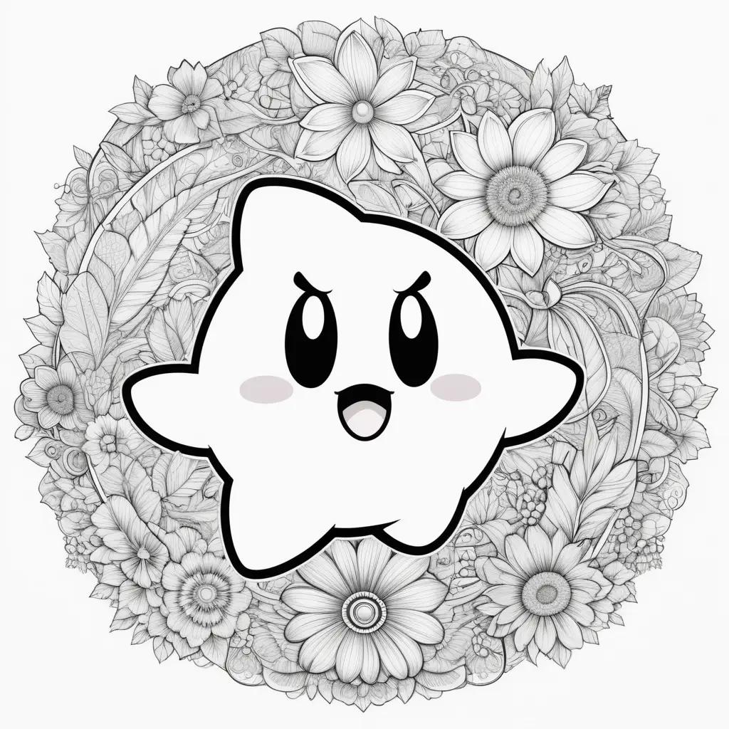 Kirby coloring page with flowers in black and white