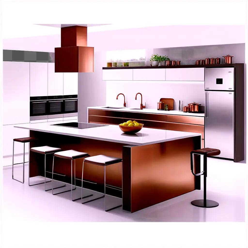 Kitchen with white and brown furniture and appliances