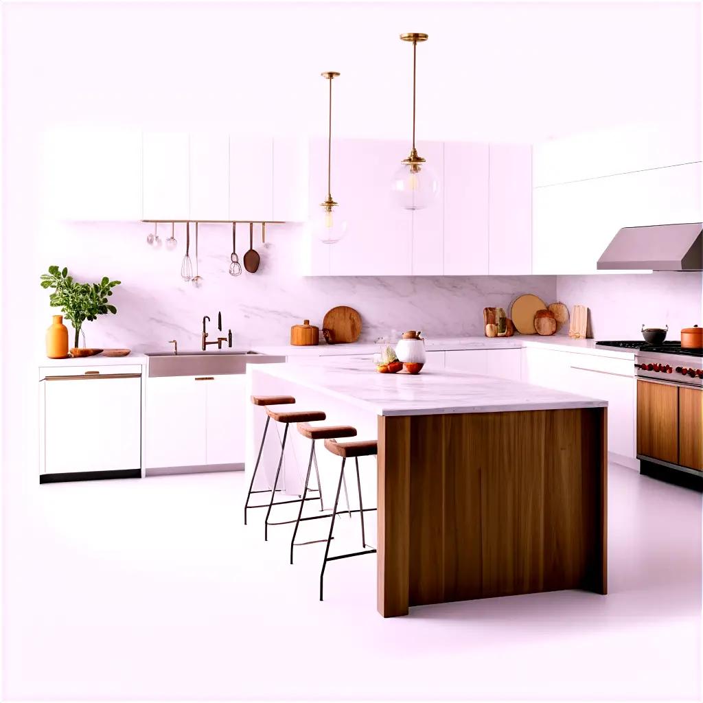 Kitchen with white cabinets and dark wood bar stools