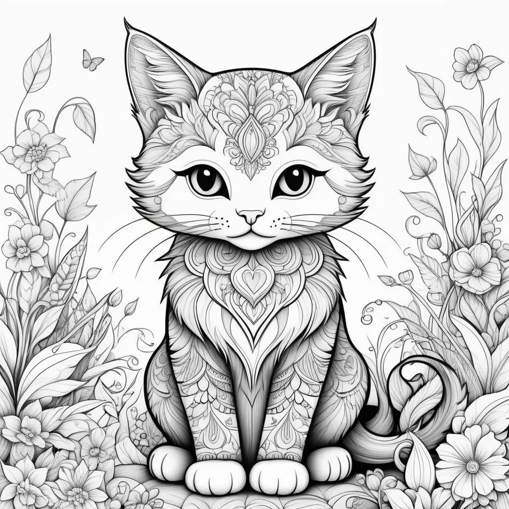 Kitten coloring page with flowers and butterflies