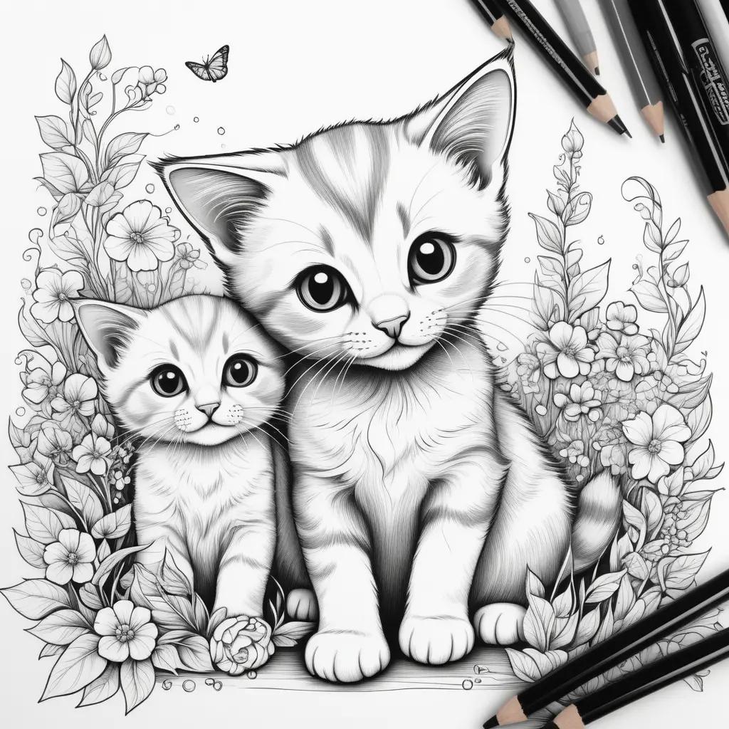 Kittens Coloring Pages: Cute kittens with flowers